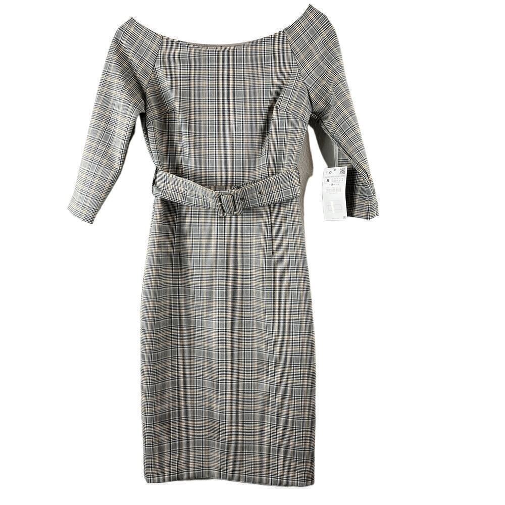 ZARA Navy‎ Blue & Cream Tartan Plaid Belted Sheath Dress NWT Size S